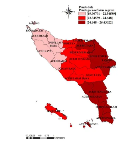 Gambar 4 menunjukkan bahwa kabupaten/kota yang memiliki nilai penduga  koefisien  regresi  terbesar  pada  peubah  x3  adalah  kabupaten/kota  Aceh  Besar,  Aceh  Jaya,  Banda  Aceh,  Biereuen,  Pidie,  Pidie  Jaya,  dan  Sabang  sehingga  kabupaten/kota  