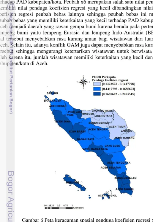 Gambar 7 menunjukkan bahwa kabupaten/kota yang memiliki nilai penduga  koefisien  regresi  terbesar  pada  peubah  x6  adalah  kabupaten/kota  Aceh  Barat,  Aceh  Barat  Daya,  Aceh  Tengah,  Aceh  Selatan,  Gayo  Lues,  Nagan  Raya,  dan  Simeulue  sehing