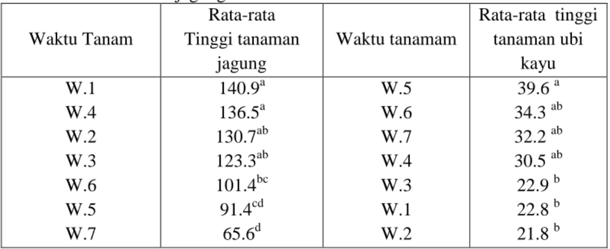 Tabel 1.  Rata-rata tinggi tanaman jagung (cm) dan ubi kayu (cm) pada berbagai  waktu tanam jagung
