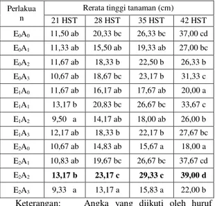 Tabel 1.      Rerata    tinggi    tanaman    (cm)    akibat  pengaruh  konsentrasi  EM 4  dan  dosis  pupuk  kandang  ayam  broiler  saat  berumur 21, 28, 35, dan 42 HST