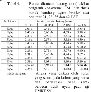 Tabel 4.         Rerata  diameter  batang  (mm)  akibat  pengaruh  konsentrasi  EM 4    dan  dosis  pupuk  kandang  ayam  broiler  saat  berumur 21, 28, 35 dan 42 HST