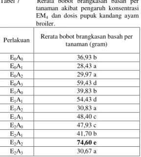 Tabel 8.         Rerata  bobot  brangkasan  kering  per  tanaman  (gram)  akibat  pengaruh  konsentrasi  EM 4  dan  dosis  pupuk  kandang ayam broiler
