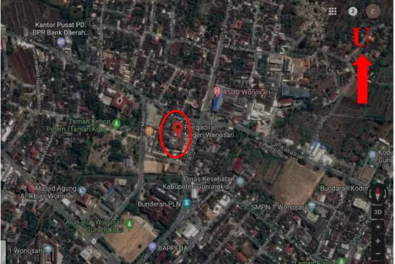 Gambar 4. 1 Lokasi Proyek Renovasi Gedung Pengadilan Negeri Wonosari  (Sumber:  https://www.google.co.id/maps) 