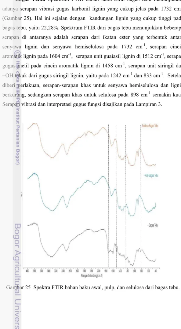 Gambar 25  Spektra FTIR bahan baku awal, pulp, dan selulosa dari bagas tebu. 