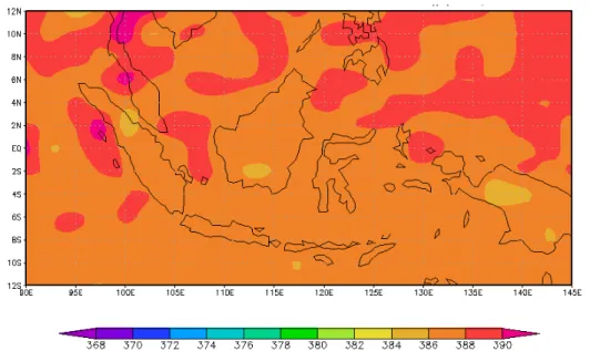 Gambar 3.1.  Perubahan konsentrasi CO2 di Indonesia dari September 2002 sampai  Agustus 2009 dalam satuan ppmv  (Sumber: hasil olahan data, 2009)  Daerah yang mengalami peningkatan terkecil adalah Aceh dan Sulawesi Selatan,  dengan peningkatan sekitar 13 –