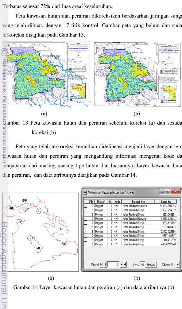 Gambar  13  Peta  kawasan  hutan  dan  perairan  sebelum  koreksi  (a)  dan  sesudah  koreksi (b) 