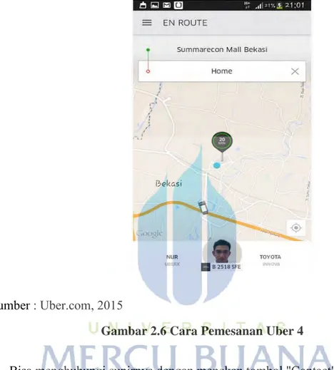 Gambar 2.6 Cara Pemesanan Uber 4  7.  Bisa menghubungi supirnya dengan menekan tombol &#34;Contact&#34; 