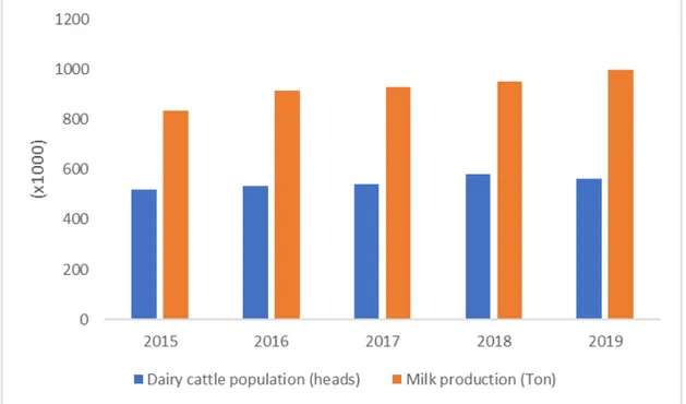 Figure 3.1  Milk production and dairy cattle population in Indonesia (2015-2019); (Livestock  Statistic, 2019)