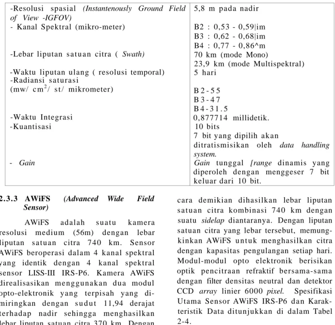 Tabel  2 - 3 : SPESIFIKASI UTAMA SENSOR LISS-IV IRS-P6 DAN KARAKTERISTIK DATA  -Resolusi spasial (Instantenously Ground Field 