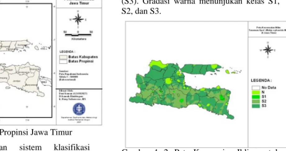 Gambar 4. 1.  Peta Propinsi Jawa Timur   Berdasarkan sistem klasifikasi  Schmidt dan Ferguson sebagian besar  wilayah Jawa Timur mempunyai iklim tipe  D