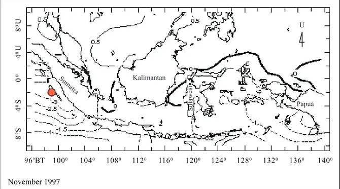 Gambar 1. Peta suhu permukaan laut pada bulan November 1997 ketika terjadi El Nino (kontur)