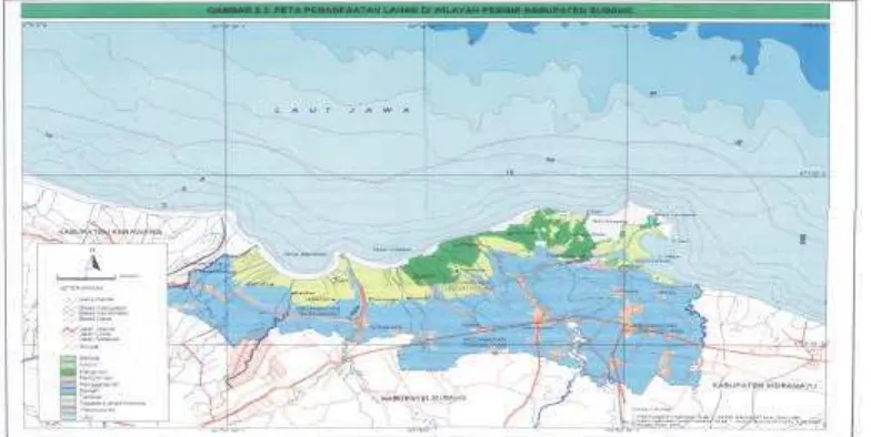 Gambar 4  Peta keberadaan  hutan mangrove di wilayah pesisir Kabupaten    Subang (warna hijau) (DKP Kab Subang, 2003)