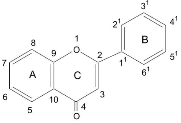 Gambar 1. Kerangka dasar flavonoid dan cara penomoran (Markham, 1988)  b.  Flavonoid O-glikosida  