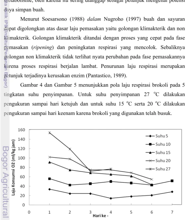 Gambar 4 dan Gambar 5 menunjukkan pola laju respirasi brokoli pada 5  tingkatan  suhu  penyimpanan