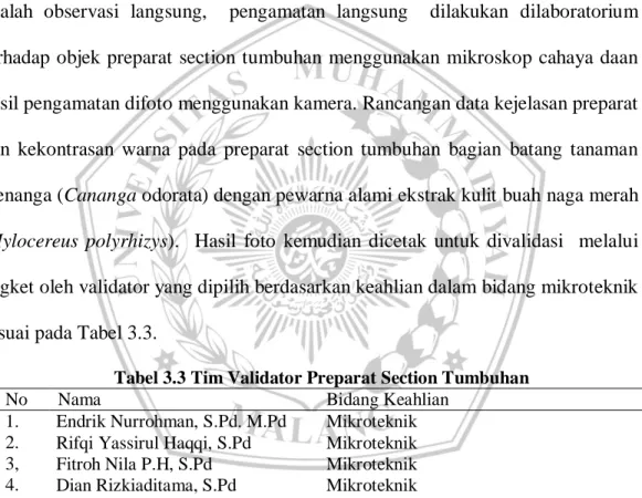 Tabel 3.3 Tim Validator Preparat Section Tumbuhan 
