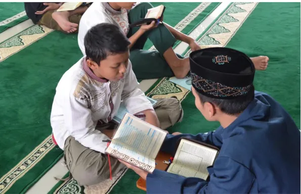 Gambar 5 : siswa kelas tahfidz melakukan setor hafalan kepada guru  (pembimbing) tahfidz di pagi hari 