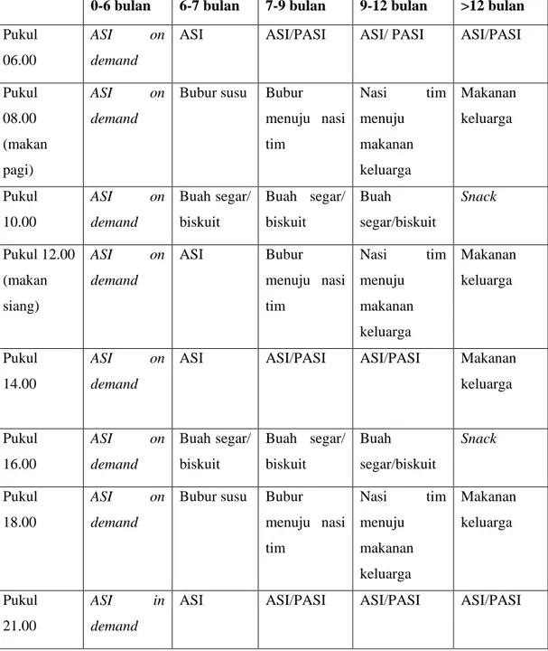 Tabel 2.3 Jadwal pemberian makanan tambahan pada bayi (Rekomendasi  Ikatan Dokter Anak Indonesia/IDAI) 