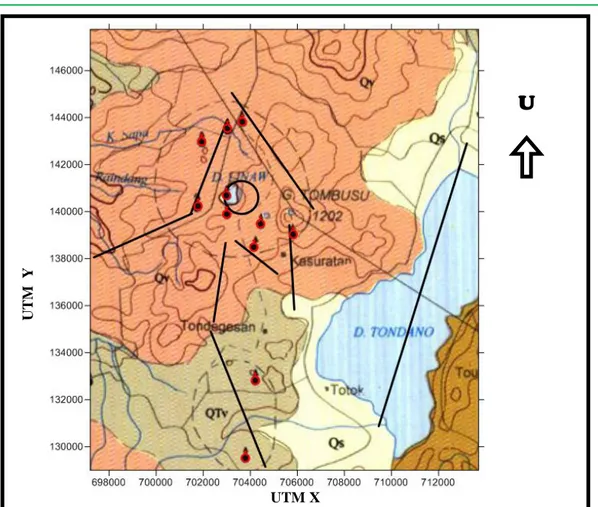 Gambar 7. Peta Second Vertical Derivative (SVD) dan prakiraan patahan yang di- di-overlay dengan peta geologi daerah tersebut  