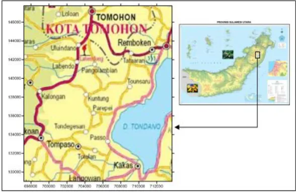 Gambar 1. Peta lokasi daerah penelitian Lahendong-Tompaso, Sulawesi Utara  (Bakosurtanal, 2010) 
