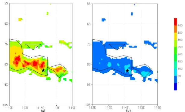 Gambar 3-1: Klimatologi curah hujan (mm/bulan) pada (a) musim basah (Desember-Januari-    Februari) dan (b) musim kering (Juni-Juli-Agustus) di wilayah Banyuwangi  3.2  Analisis  Curah  Hujan  dan  Angin 