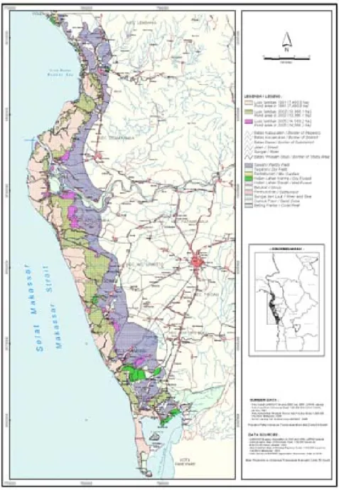Gambar 2. Peta luasan tambak wilayah pesisir Kabupetan Pinrang Sulawesi Selatan tahun 1991, 2002, dan 2005