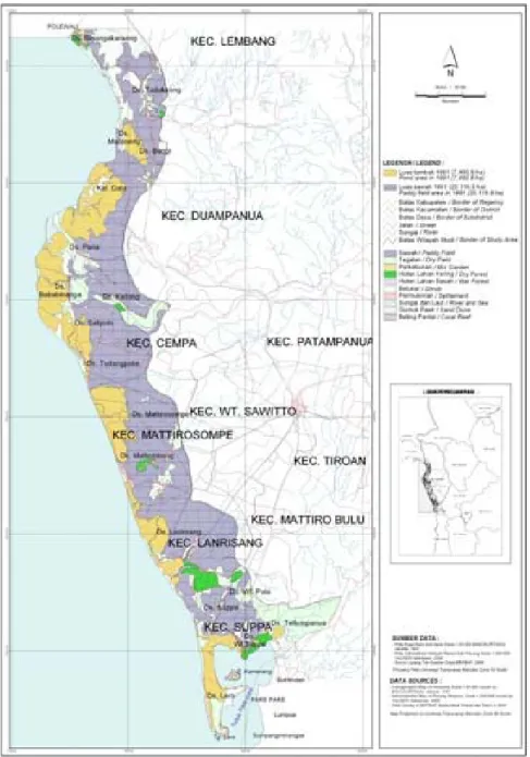 Gambar 3. Peta luasan tambak dan sawah wilayah pesisir Kabupaten Pinrang, Sulawesi Selatan tahun 1991