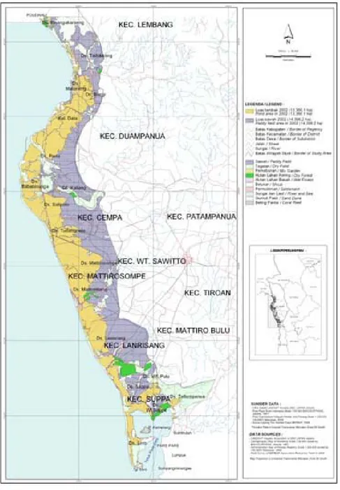 Gambar 4. Peta luasan tambak dan sawah wilayah pesisir Kabupaten Pinrang, Sulawesi Selatan tahun 2002