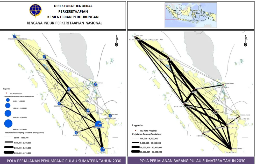 Gambar  2.  Desire line Perjalanan Penumpang dan Barang Menggunakan Moda Kereta Api di Pulau Sumatera Tahun 2030POLA PERJALANAN PENUMPANG PULAU SUMATERA TAHUN 2030  POLA PERJALANAN BARANG PULAU SUMATERA TAHUN 2030 