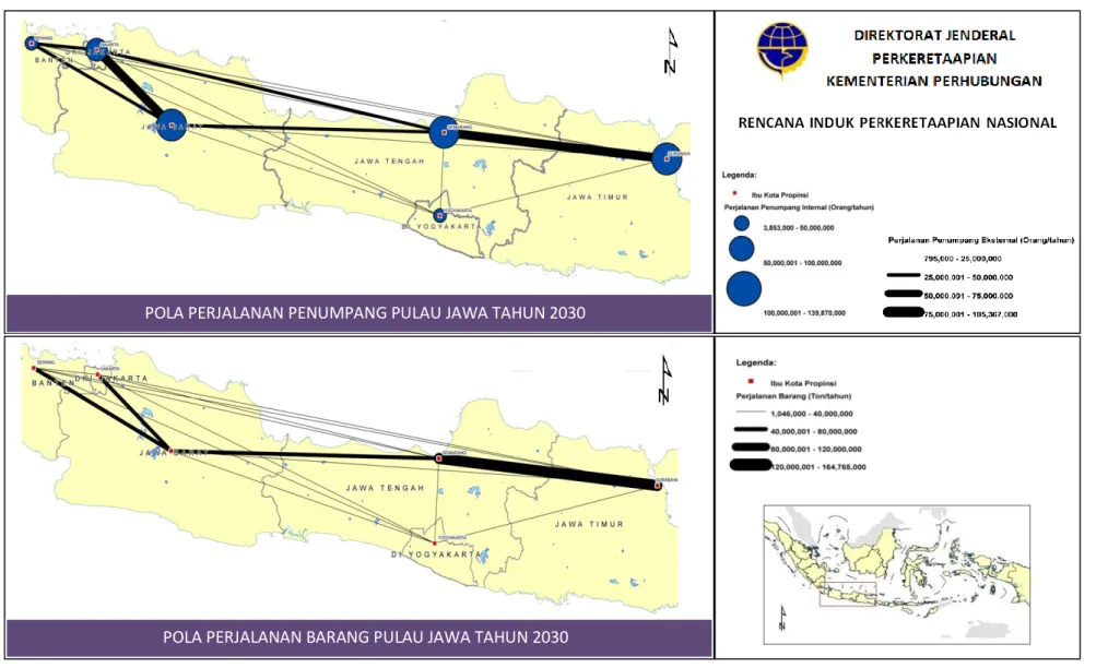 Gambar  3.  Desire line Perjalanan Penumpang dan Barang Menggunakan Moda Kereta Api di Pulau Jawa Tahun 2030 POLA PERJALANAN PENUMPANG PULAU JAWA TAHUN 2030 