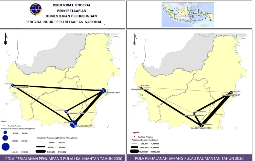 Gambar  4.  Desire line Perjalanan Penumpang dan Barang Menggunakan Moda Kereta Api di Pulau Kalimantan  Tahun 2030   RENCANA INDUK PERKERETAAPIAN NASIONAL 