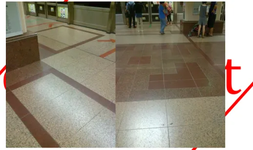 Gambar 6. Desain pola lantai pada stasiun MRT Raffles Place (foto oleh penulis)  Pengamatan pertama dalam ruang stasiun ini tertuju pada pola lantai yang  bermain unsur  geometri  kotak