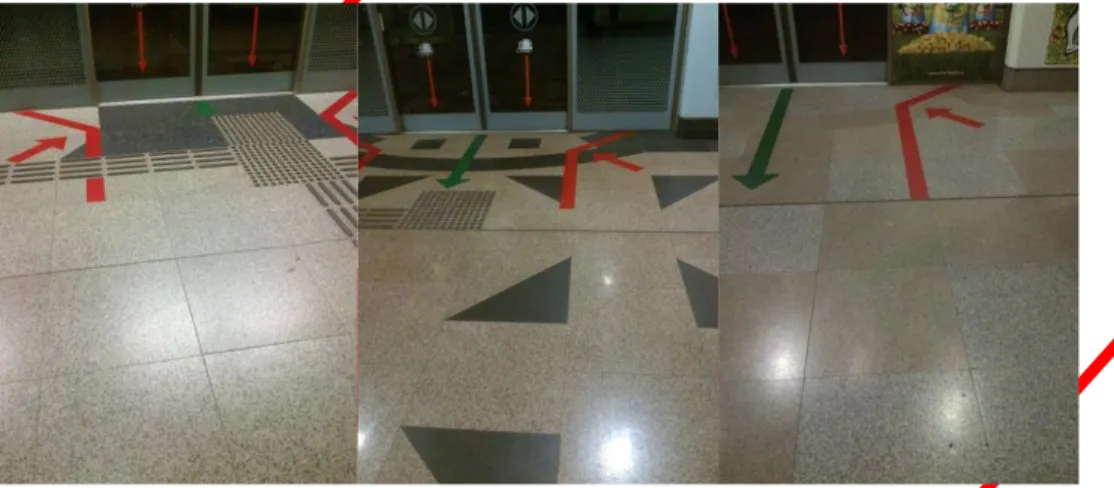 Gambar 8. Kesamaan pemilihan warna pada lantai di stasiun-stasiun sepanjang Circle Line  namun dengan pola lantai yang berbeda-beda (foto oleh penulis) 