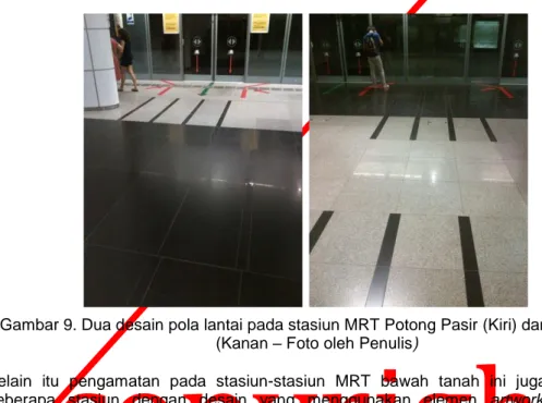 Gambar 9. Dua desain pola lantai pada stasiun MRT Potong Pasir (Kiri) dan Boon Keng  (Kanan – Foto oleh Penulis) 