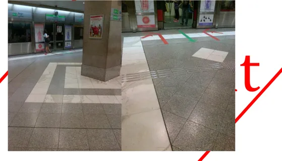 Gambar 2. Pola diagonal pada elemen lantai di Stasiun Bugis dan varian warna putih pada  beberapa area seperti di kolom dan dekat akses keluar-masuk gerbong kereta (foto oleh 