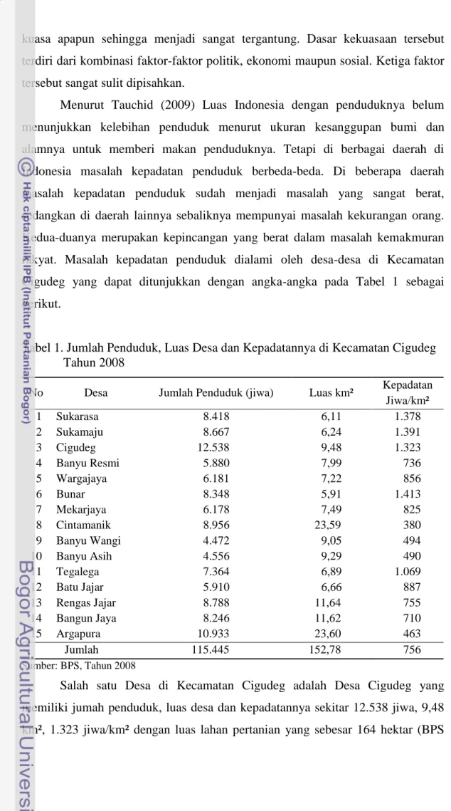 Tabel 1. Jumlah Penduduk, Luas Desa dan Kepadatannya di Kecamatan Cigudeg                Tahun 2008 