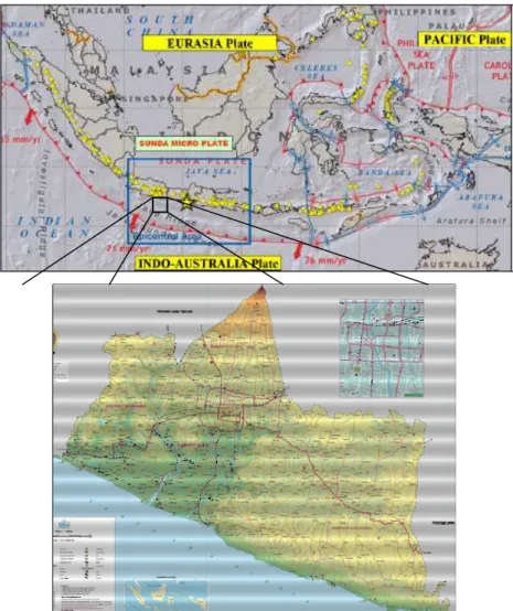 Gambar 1.1 Lempeng tektonik dan peta D.I Yogyakarta (Elnashai, A., 2006)  Penyelidikan  mengenai  gambaran  bawah  permukaan  di  daerah  Kretek,  Sanden  dan  Pundong  masih  jarang  dilakukan,  sehingga  perlu  dilakukannya  penelitian  untuk  mengetahui