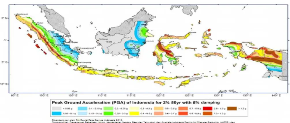 Gambar 2.3 Peta Hazard Gempa Indonesia Dibatuan Dasar pada  Kondisi PGA (T= 0 Detik) untuk 2% PE 50 Tahun 