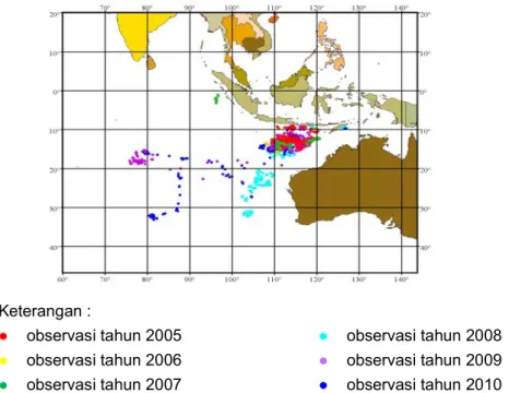 Gambar 3. Daerah penangkapan kapal-kapal rawai tuna yang berbasis di Pelabuhan Benoa berdasarkan data observer 2005-2010.