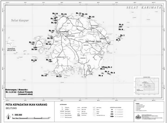 Gambar 1. Lokasi transek pengamatan di perairan Pulau Belitung, Provinsi Bangka Belitung Figure 1