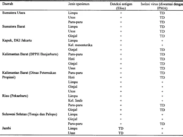 Tabel 1. Hasil isolasi virus Hog Cholera dan deteksi antigen virus dengan uji ELISA terhadap spesimen dari beberapa daerah di Indonesia