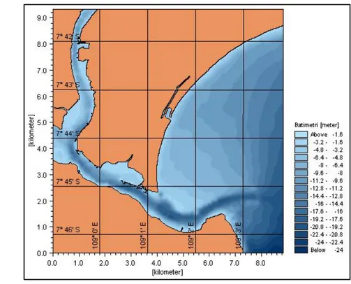 Gambar 8.  Batimetri Perairan Cilacap Hasil Survey Sounding Dasar Laut  (Sumber: JANHIDROS, 2007) 