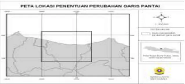 Gambar  1.  Peta  Lokasi  Penentuan  Perubahan  Garis Pantai di Kabupaten Batang Jawa Tengah  Pengolahan data citra dilakukan dengan  beberapa  tahap  yaitu  koreksi  geometrik,  kombinasi  band,  digitasi  garis  pantai,  koreksi 