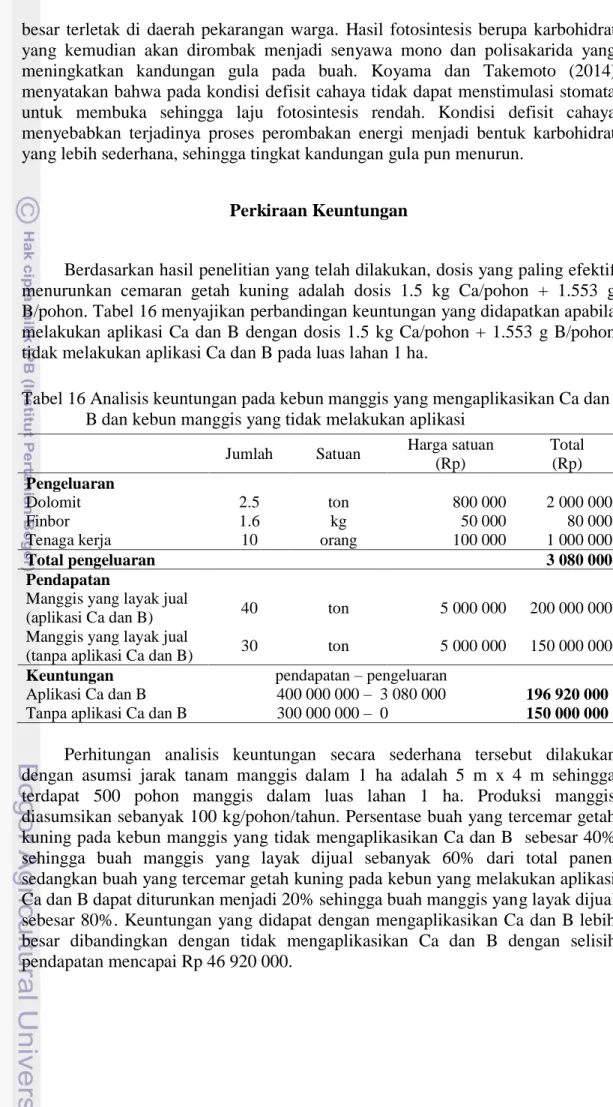 Tabel 16 Analisis keuntungan pada kebun manggis yang mengaplikasikan Ca dan  B dan kebun manggis yang tidak melakukan aplikasi 