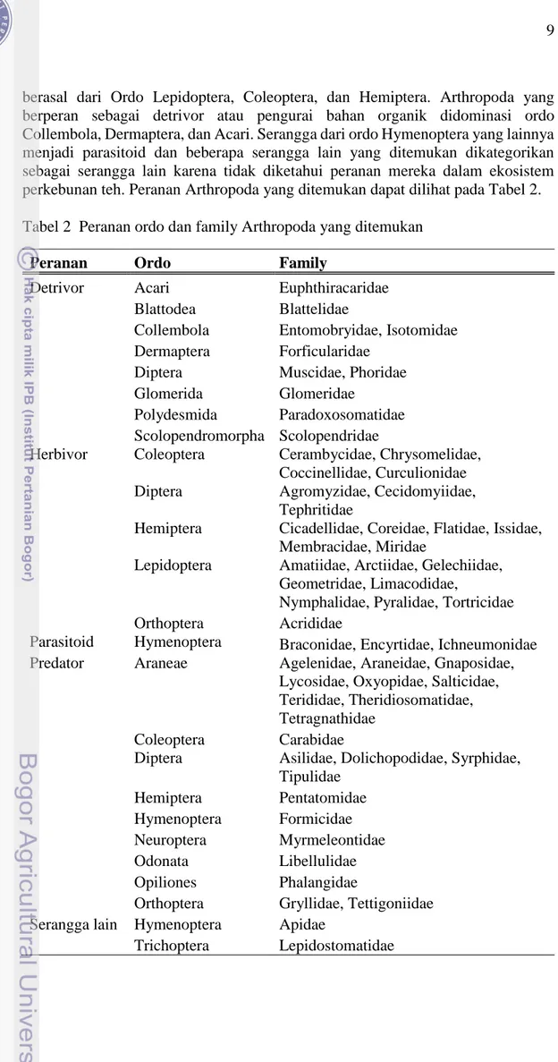 Tabel 2  Peranan ordo dan family Arthropoda yang ditemukan 