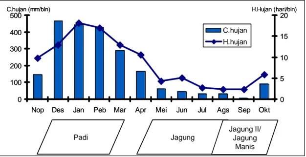 Gambar 1.  Pola curah  hujan,  hari  hujan selama 11 tahun (1994-2004) dan pola tanam pada lahan sawah tadah  hujan di Kecamatan Galesong Utara, 2005 