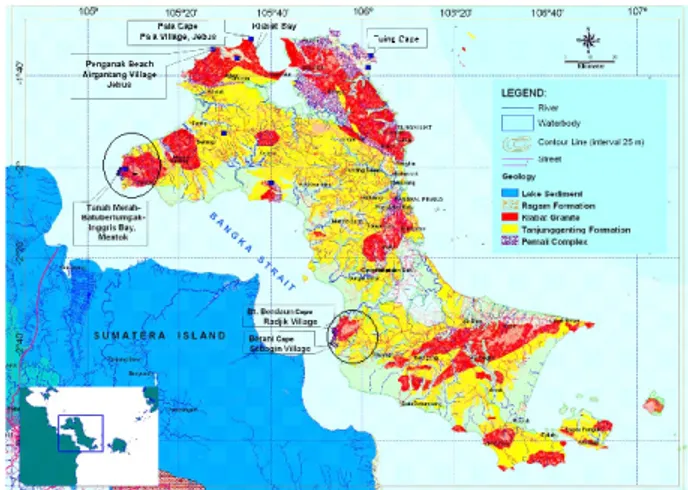 Gambar 1. Lokasi tapak PLTN di Bangka Barat dan Selatan  a.   Sebanyak  2  kg  sedimen  pesisir  dan  laut  diambil  dari  zone  disekitar  tapak, 