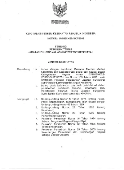 Keputusan Menteri Kesehatan RI Nomor 19/MENKES/SK/I/2002 Tentang ...