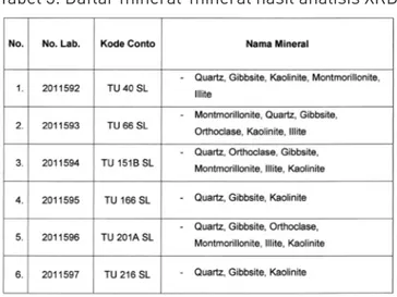 Tabel 3. Daftar mineral-mineral hasil analisis XRD
