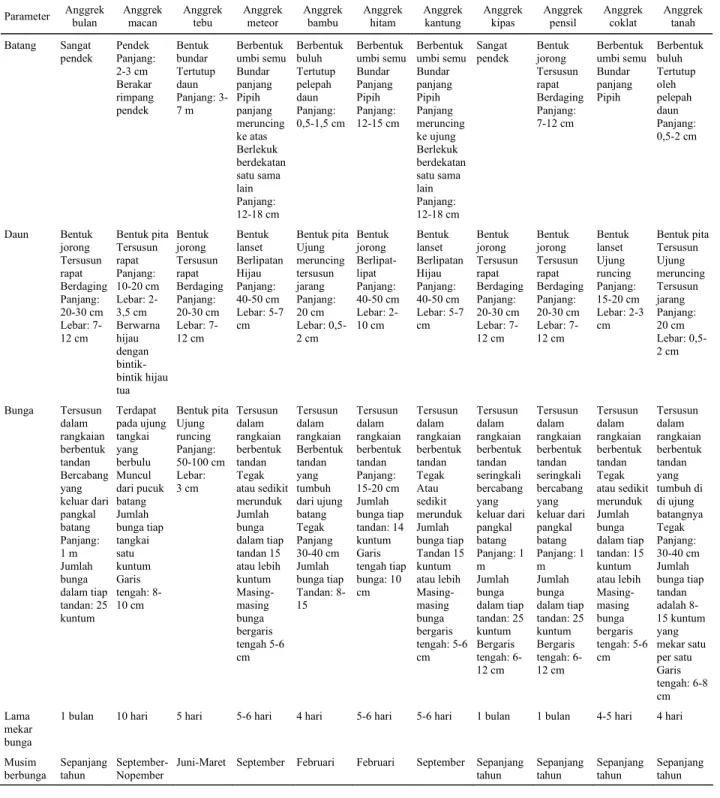 Tabel 1.  Deskripsi beberapa jenis anggrek koleksi BPTP Kalimantan Tengah.  Parameter  Anggrek  bulan  Anggrek macan  Anggrek tebu  Anggrek meteor  Anggrek bambu  Anggrek hitam  Anggrek kantung  Anggrek kipas  Anggrek pensil  Anggrek coklat  Anggrek tanah 