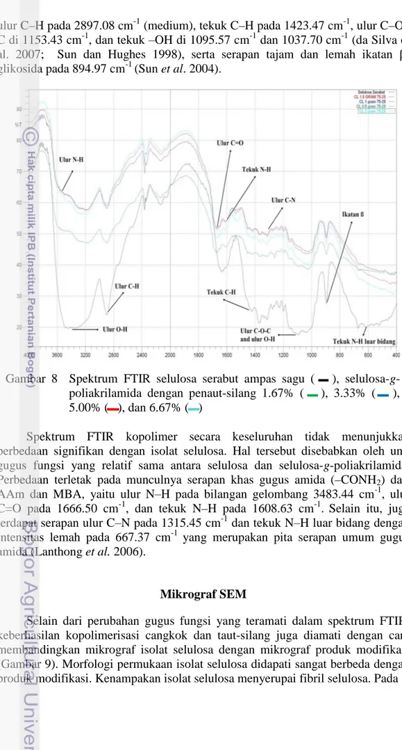 Gambar  8    Spektrum  FTIR  selulosa  serabut  ampas  sagu  (      ),  selulosa-g- selulosa-g-poliakrilamida  dengan  penaut-silang  1.67%  (      ),  3.33%  (      ),  5.00% (   ), dan 6.67% (   ) 